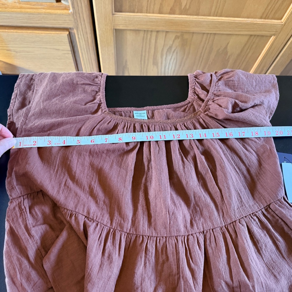 NEW Melrose and Market Babydoll Top Medium Brown NWT Ruffle‎ Sleeve Cotton Gauze - Picture 6 of 7